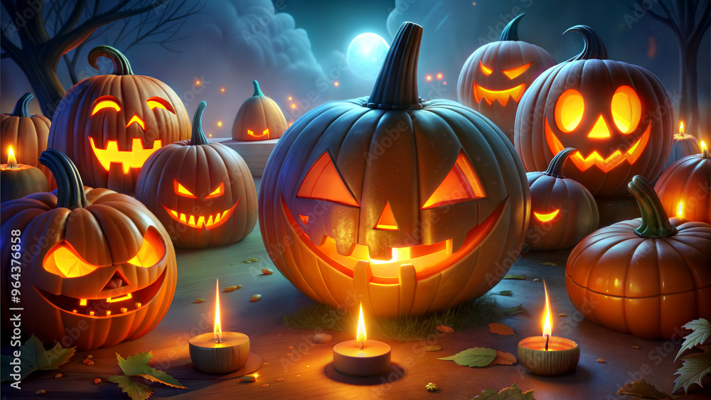 Fototapeta premium spooky Halloween pumpkins with candles, moonlit jack-o'-lanterns in a dark forest, eerie atmosphere