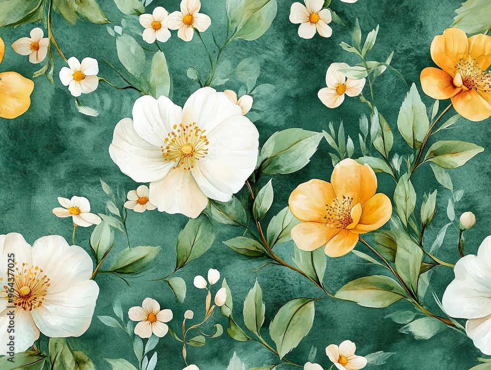 custom made wallpaper toronto digitalDelicate white flowers, leaves, and vines watercolored on a green background with intricate pink and yellow floral seamless pattern