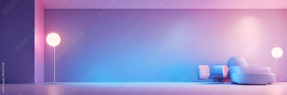 Obraz premium A minimalist living room with a purple wall, a white floor lamp, and a blue armchair, illuminated by a pink and purple light.
