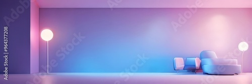 A minimalist living room with a purple wall, a white floor lamp, and a blue armchair, illuminated by a pink and purple light.