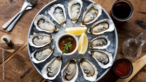 A platter of oysters on the half shell, served on a bed of crushed ice with lemon wedges, mignonette sauce, and hot sauce on the side. photo