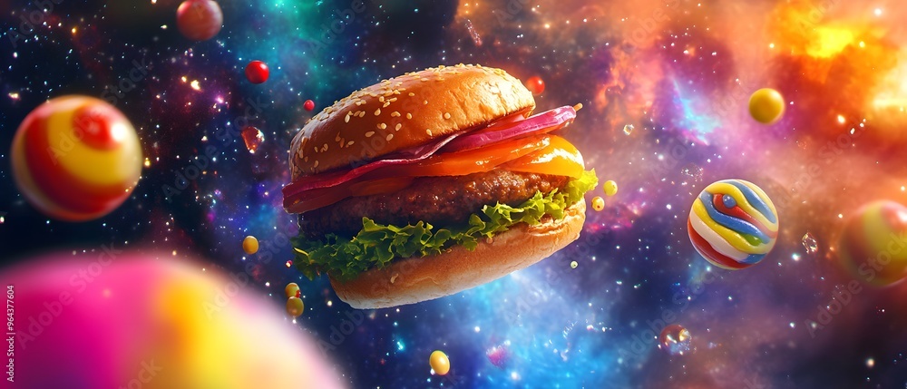 Space Burger Cosmic Food in a Galaxy Background Space Burger Cosmic Food in a Galaxy Background