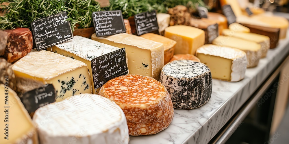 Assortment of cheeses on a marble counter. Assortment of cheeses on a marble counter.
