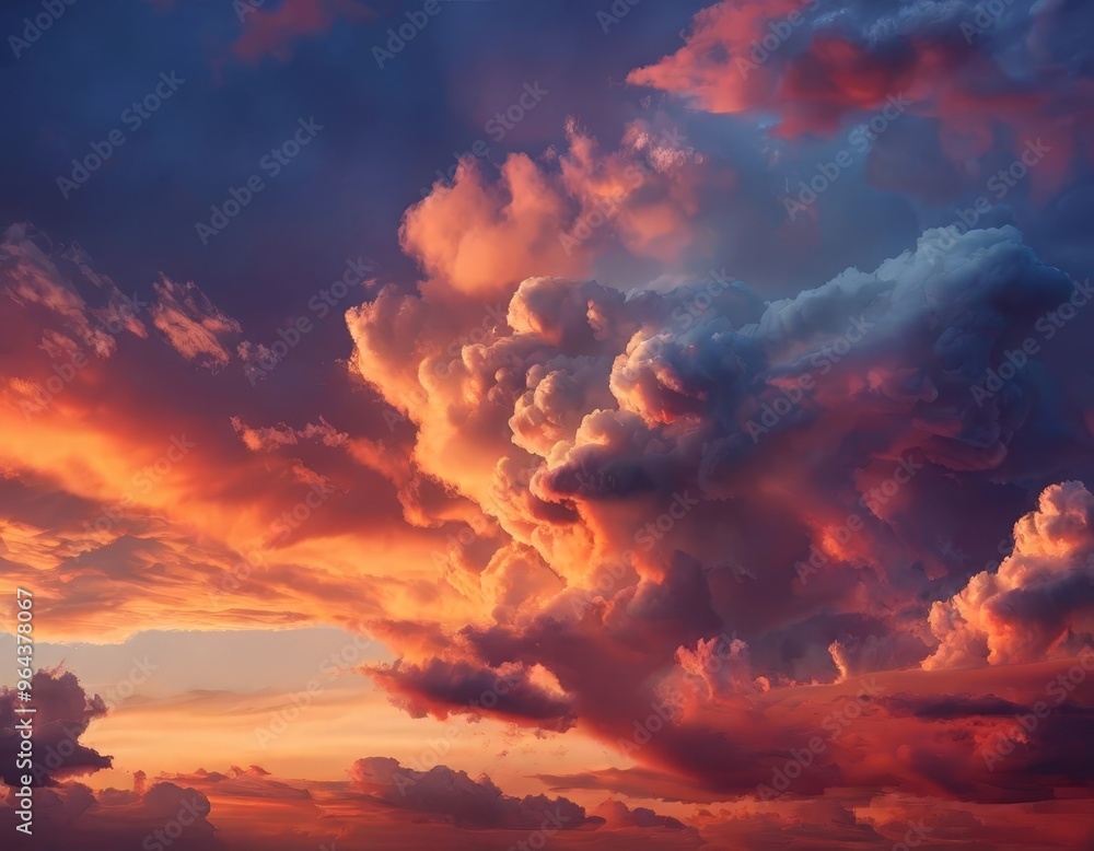 Fototapeta premium A dramatic sky at sunset, with vibrant orange and red clouds contrasting against the deep blue background.