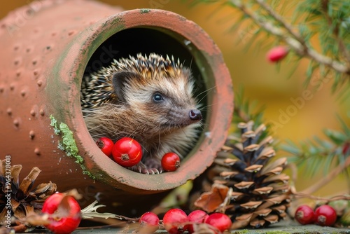 European hedgehog Erinaceus Europaeus in Autumn inside a clay pipe with rosehips and pine cones Room for text photo