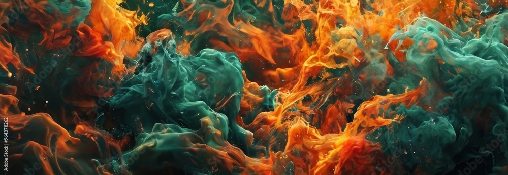 Obraz premium a swirling, abstract pattern of green and orange hues, resembling a swirling smoke or vapor, with small particles or specks scattered throughout.