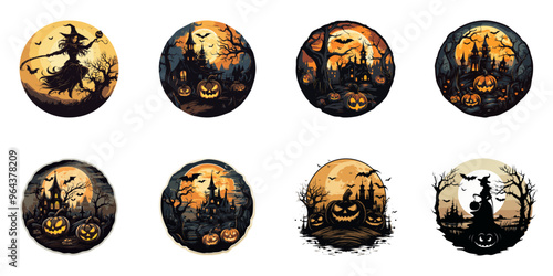 Set of halloween stickers with haunted house pumpkins forest bats and witch. Cartoon vector illustration.