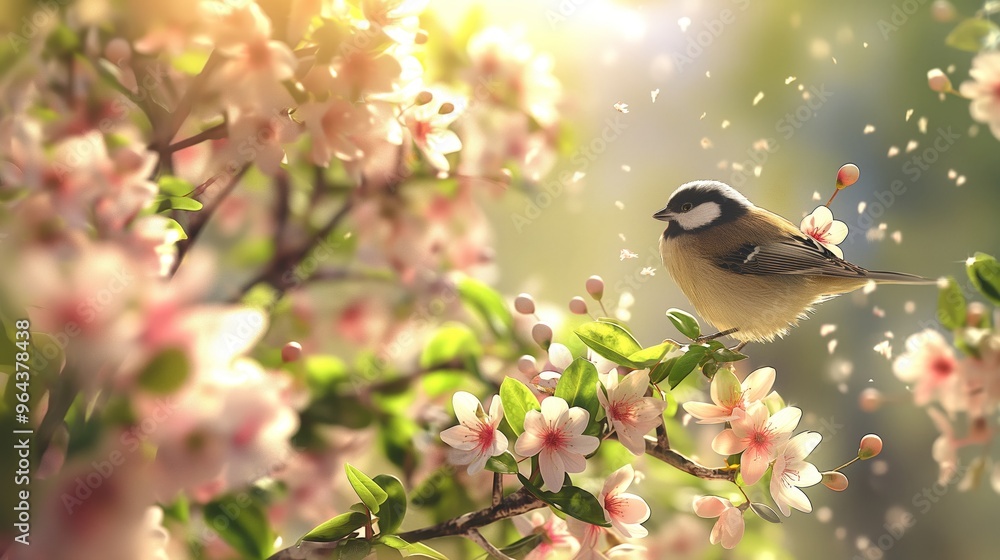 A small bird is perched on a branch of a tree with pink flowers. Concept of peace and tranquility, as the bird is surrounded by the beauty of nature. The pink flowers add a touch of elegance A small bird is perched on a branch of a tree with pink flowers. Concept of peace and tranquility, as the bird is surrounded by the beauty of nature. The pink flowers add a touch of elegance