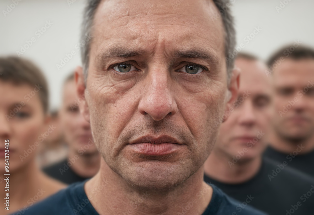 Fototapeta premium Mature adult man, age 40-60, serious and sad, with tears in his eyes, facing exclusion, bullying or racism, standing in a gym, emotional exhaustion.
