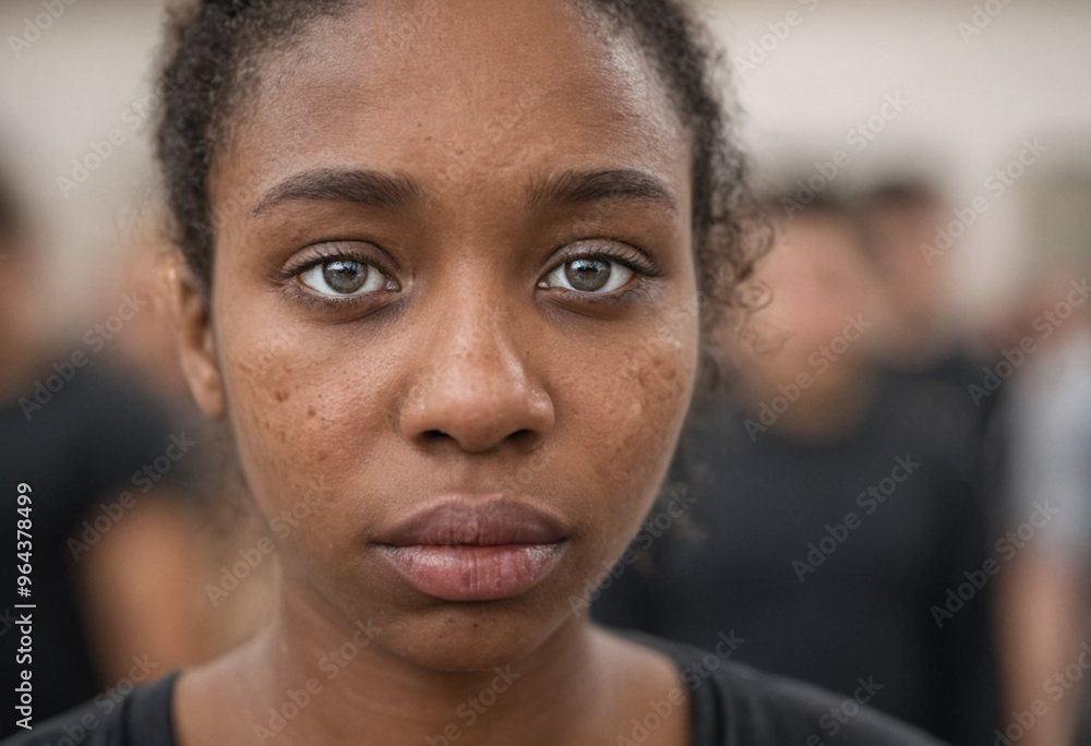 African-American young woman, age 15-26, sad, disappointed, with tears in her eyes, facing exclusion, bullying or racism, standing in a gym, emotional exhaustion.