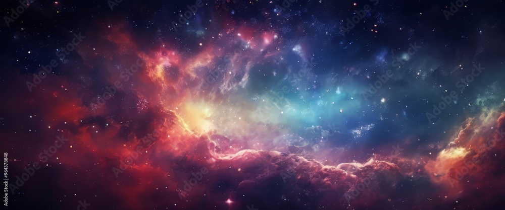 Fototapeta premium a vibrant cosmic scene, featuring a nebula with swirling clouds of red, orange, and blue hues, as well as a multitude of stars scattered throughout the dark background.