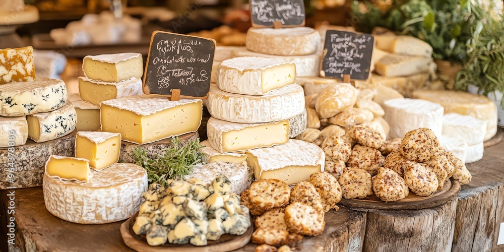 Assortment of French cheeses displayed at a market stall. Assortment of French cheeses displayed at a market stall.