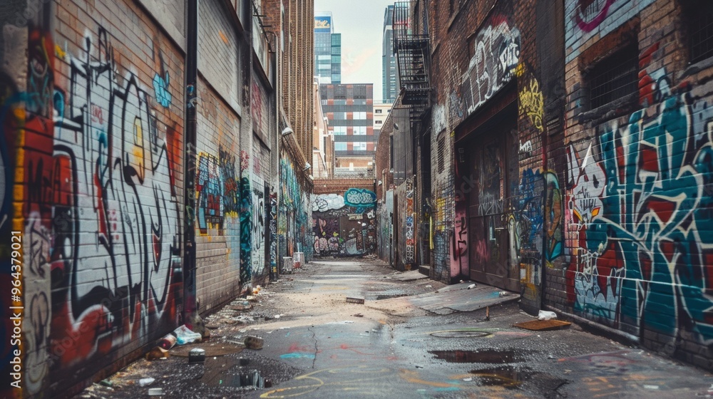 Fototapeta premium Graffiti-filled alleyway, reflecting the raw energy of urban street life