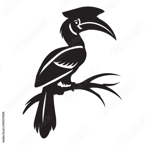 Bird Silhouette Clipart - Great Hornbill perched head turned backwards Vector Illustration in black and white 