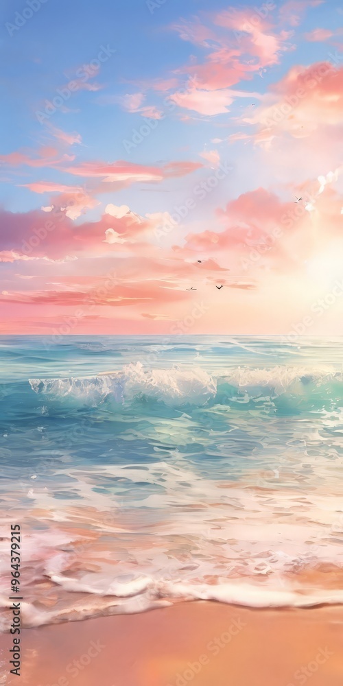 A serene beach scene at sunset, featuring a vibrant sky with pink and blue hues, a crashing wave, and birds flying overhead. A serene beach scene at sunset, featuring a vibrant sky with pink and blue hues, a crashing wave, and birds flying overhead.
