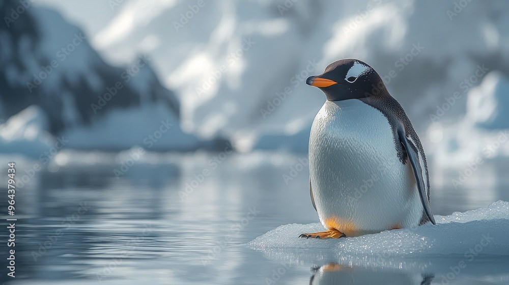 Fototapeta premium Single Penguin Standing on Ice, Perfect for Nature Conservation and Wildlife Education Materials