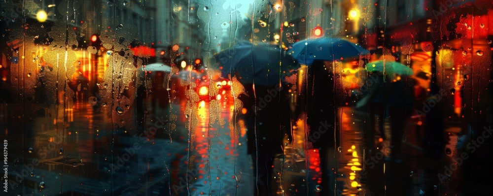Rain-soaked streets reflecting city lights, pedestrians with umbrellas Rain-soaked streets reflecting city lights, pedestrians with umbrellas