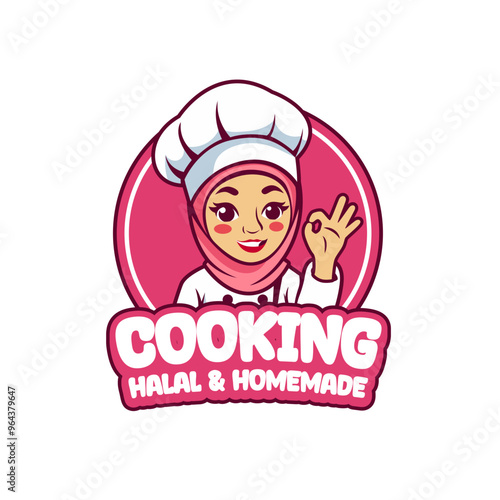 Cute woman wearing hijab with ok sign mascot logo design vector for badge, emblem, restaurant