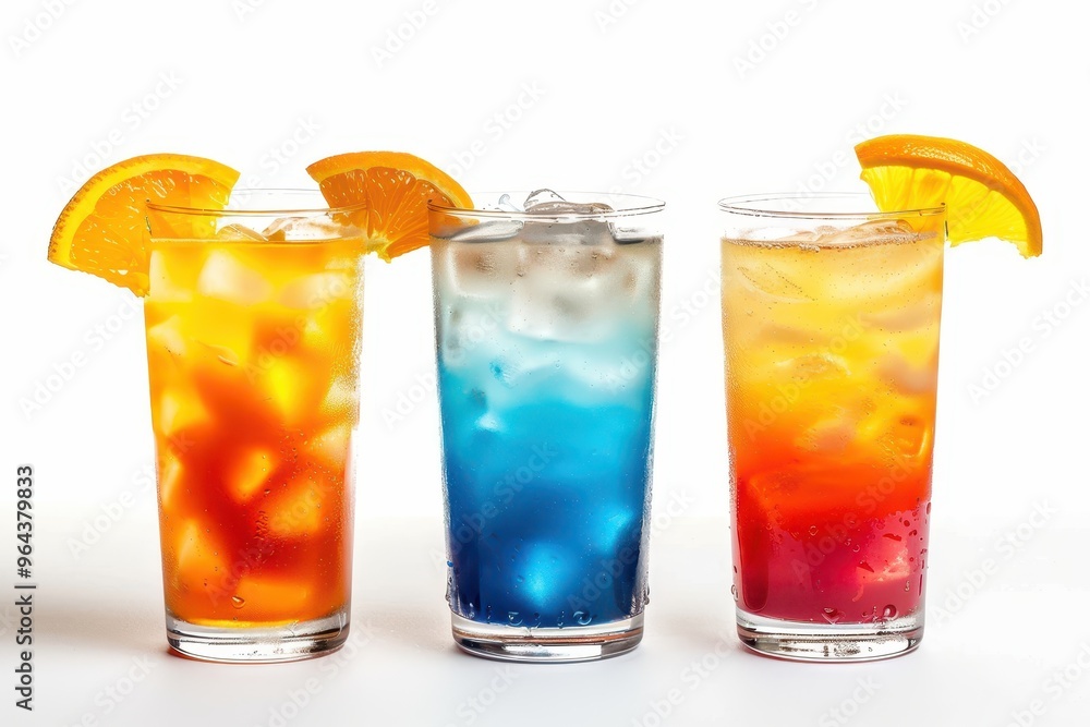 Three popular cocktails isolated on white background with shadow Three popular cocktails isolated on white background with shadow