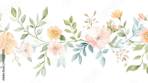 A delicate floral border design featuring soft pastel flowers and lush greenery, perfect for invitations and greeting cards.