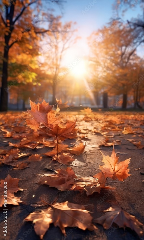 A serene autumn scene unfolds in a park, with a carpet of orange maple leaves scattered across the ground, their vibrant hues contrasting with the clear blue sky and the sun's A serene autumn scene unfolds in a park, with a carpet of orange maple leaves scattered across the ground, their vibrant hues contrasting with the clear blue sky and the sun's