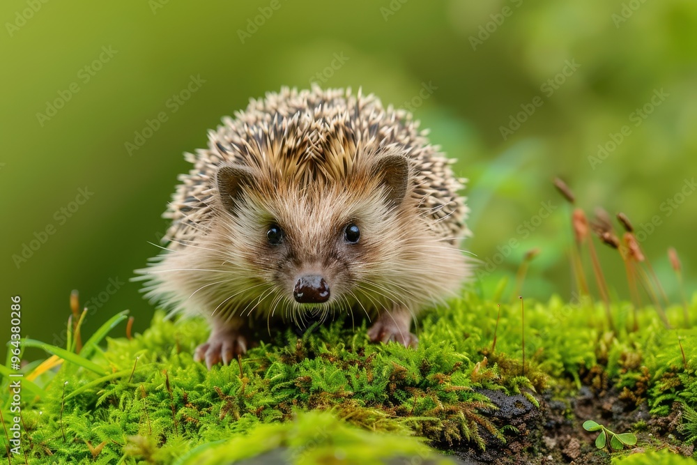 Wild European hedgehog on moss taken from a hide for monitoring Wild European hedgehog on moss taken from a hide for monitoring