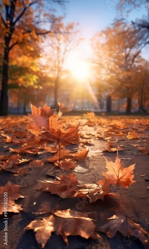 A serene autumn scene unfolds in a park, with a carpet of orange maple leaves scattered across the ground, their vibrant hues contrasting with the clear blue sky and the sun's