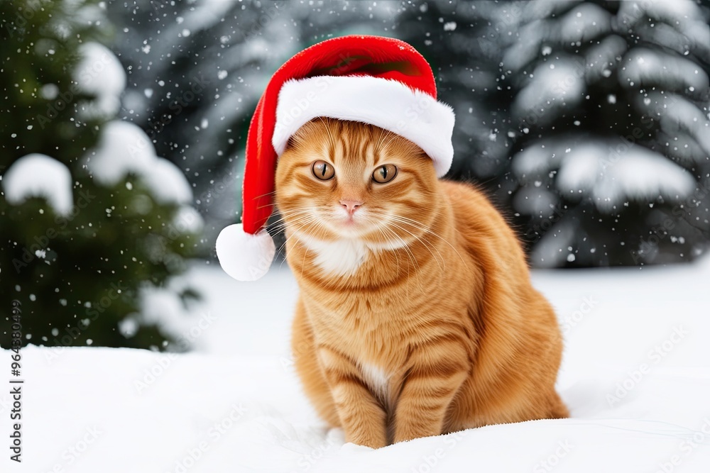 Adorable Ginger Cat with Santa Hat in Winter Wonderland Setting Adorable Ginger Cat with Santa Hat in Winter Wonderland Setting