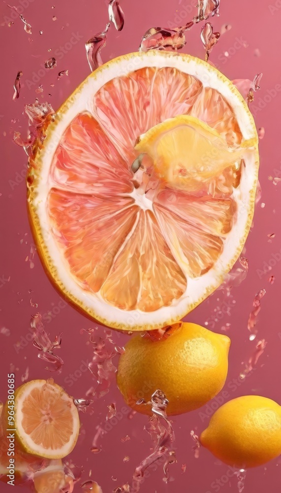 A vibrant image of a sliced grapefruit with water droplets and additional lemon slices against a pink background. A vibrant image of a sliced grapefruit with water droplets and additional lemon slices against a pink background.