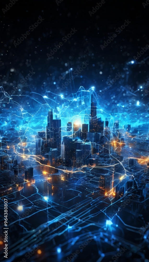 futuristic cityscape, with a network of glowing blue lines and lights connecting the buildings, creating a sense of depth and dimensionality. futuristic cityscape, with a network of glowing blue lines and lights connecting the buildings, creating a sense of depth and dimensionality.