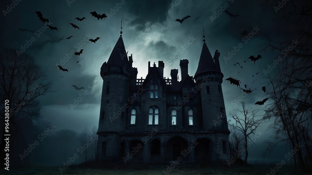 Halloween castle scenery with full moon in majestic night sky and highly detailed natural environment landscape. Halloween background. Horror scene for Halloween Halloween castle scenery with full moon in majestic night sky and highly detailed natural environment landscape. Halloween background. Horror scene for Halloween