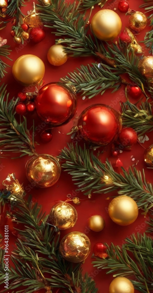 Fototapeta premium A festive arrangement of Christmas ornaments and greenery on a red background.