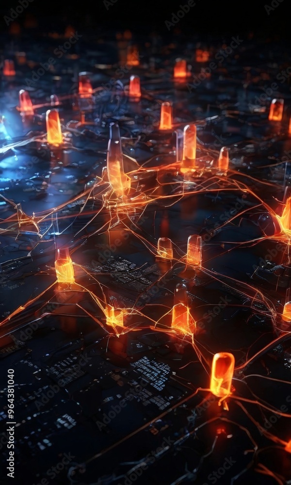 Naklejka premium a futuristic, cyberpunk-inspired scene with glowing, neon-like structures resembling glowing mushrooms or glowing plants, arranged in a complex network against a dark background.