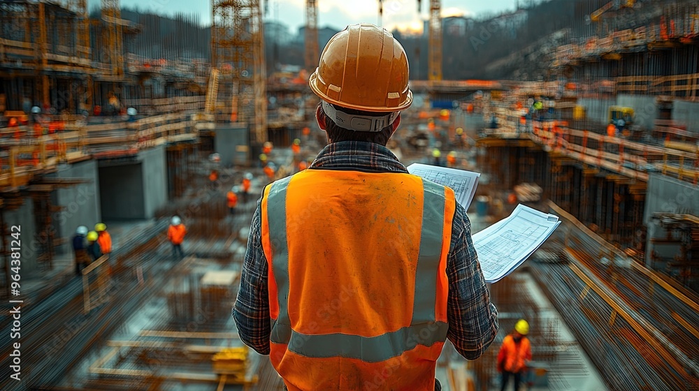 Fototapeta premium Construction Site Supervisor Reviewing Blueprints
