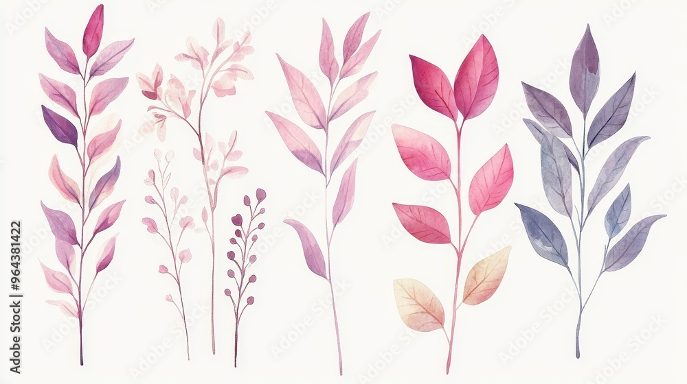 Delicate watercolor leaves in soft pink and violet hues, perfect for nature-themed designs and artistic projects. Delicate watercolor leaves in soft pink and violet hues, perfect for nature-themed designs and artistic projects.