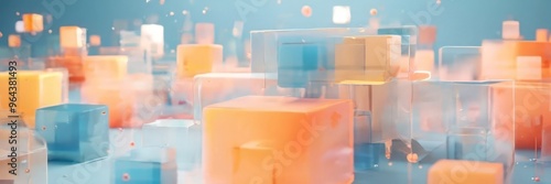 a vibrant, abstract scene of overlapping cubes in various shades of orange, blue, and white, creating a dynamic and visually striking composition.