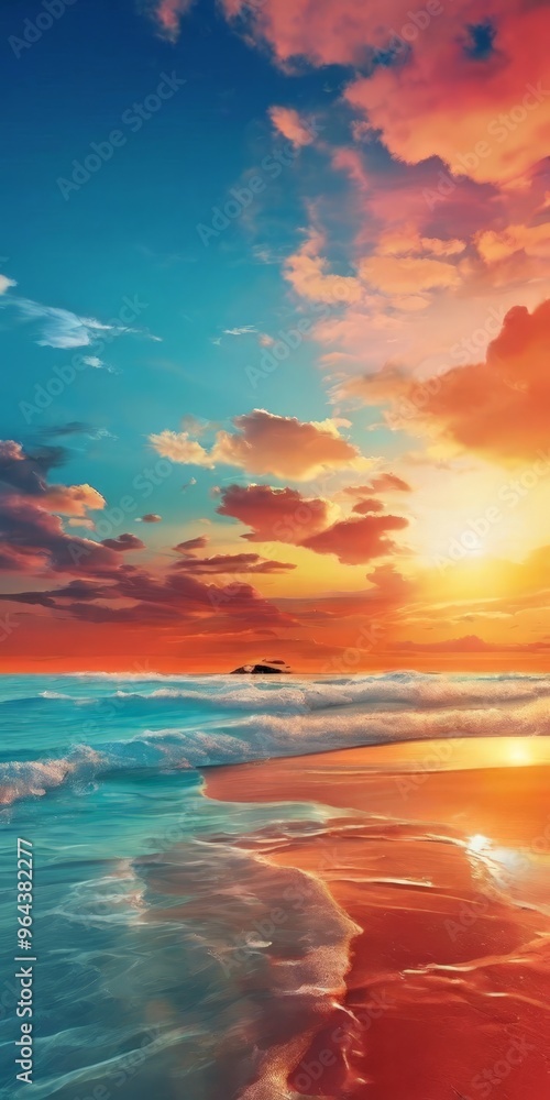 Fototapeta premium a serene beach scene at sunset, with the sun setting behind the ocean and casting a warm, golden glow over the water. The sky is filled with vibrant hues of orange and pink,