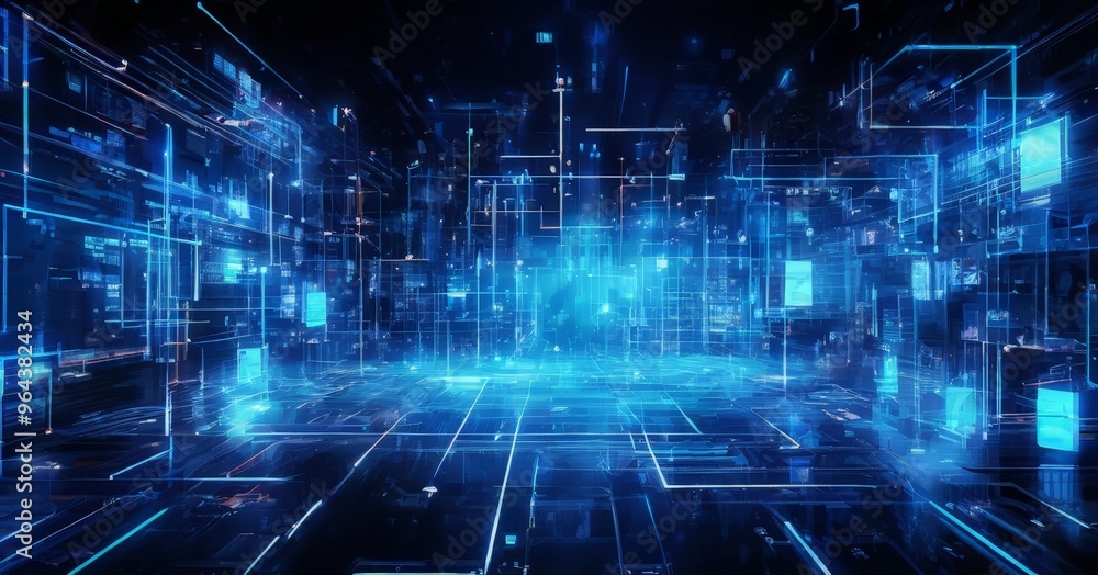 futuristic, digital environment with a complex network of glowing blue lines and lights, creating a sense of depth and dimensionality. futuristic, digital environment with a complex network of glowing blue lines and lights, creating a sense of depth and dimensionality.