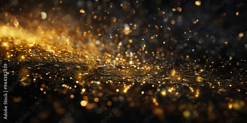 Naklejka premium a close-up view of a textured surface with a multitude of small, shimmering gold particles scattered across it, creating a sense of depth and movement.