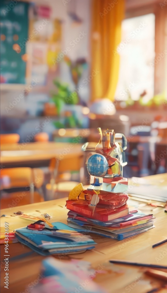 A stack of books sits on a desk, with a blue globe and a vase of flowers in the center. The background is blurred, suggesting a classroom or study area. A stack of books sits on a desk, with a blue globe and a vase of flowers in the center. The background is blurred, suggesting a classroom or study area.