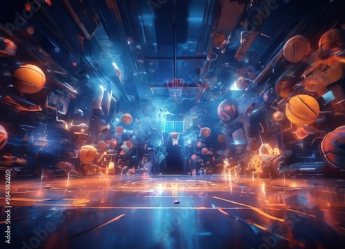 a futuristic basketball court with a futuristic cityscape in the background, featuring a mix of orange, blue, and white elements.