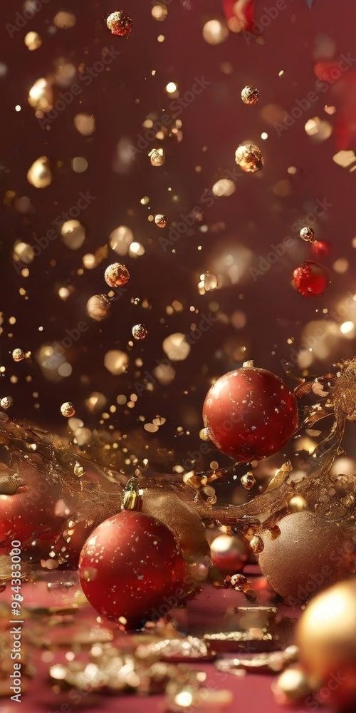 festive scene with a collection of red and gold Christmas ornaments scattered across a dark red background, creating a sense of depth and dimension. festive scene with a collection of red and gold Christmas ornaments scattered across a dark red background, creating a sense of depth and dimension.