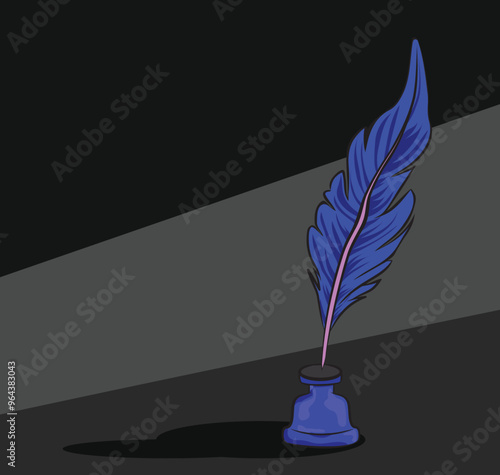 blue feather quill pen dipping into inkwell on dark background