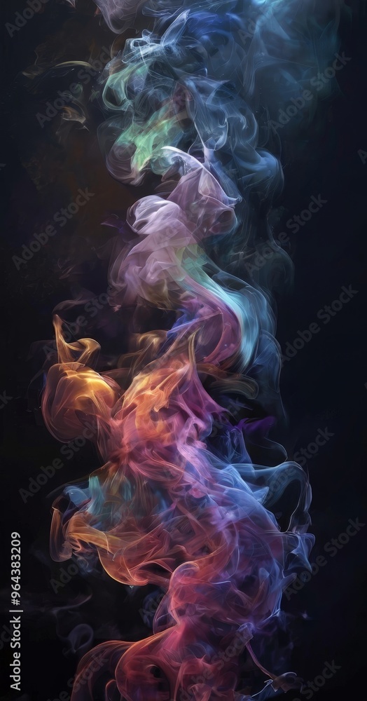 a swirling, ethereal smoke pattern with a gradient of colors, including blue, green, orange, and pink, against a dark background. a swirling, ethereal smoke pattern with a gradient of colors, including blue, green, orange, and pink, against a dark background.