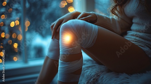 A person sitting on a couch with their knee elevated, wrapped in bandages, and showing signs of recovery but lingering pain.