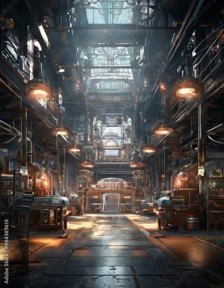 a futuristic industrial setting with a high ceiling, exposed pipes, and a long corridor lined with various machinery and equipment. The scene is illuminated by a mix of natural a futuristic industrial setting with a high ceiling, exposed pipes, and a long corridor lined with various machinery and equipment. The scene is illuminated by a mix of natural