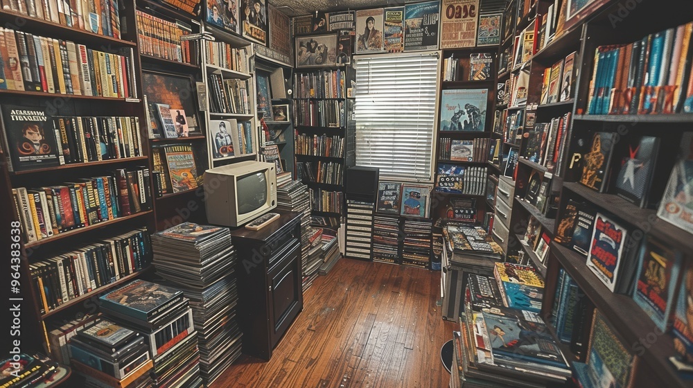 A cozy and nostalgic room filled with an extensive collection of books, magazines, and records alongside a vintage television set creating a retro ambiance A cozy and nostalgic room filled with an extensive collection of books, magazines, and records alongside a vintage television set creating a retro ambiance