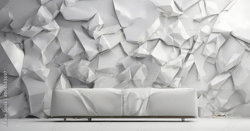 Fototapeta premium A modern white sofa sits against a wall of crumpled, white paper, creating a striking contrast and minimalist aesthetic.