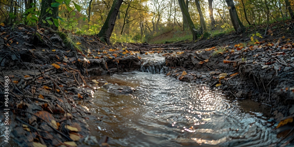Fototapeta premium A picturesque woodland scene featuring a small flowing stream with glistening water, surrounded by lush trees and scattered autumn leaves in a serene forest