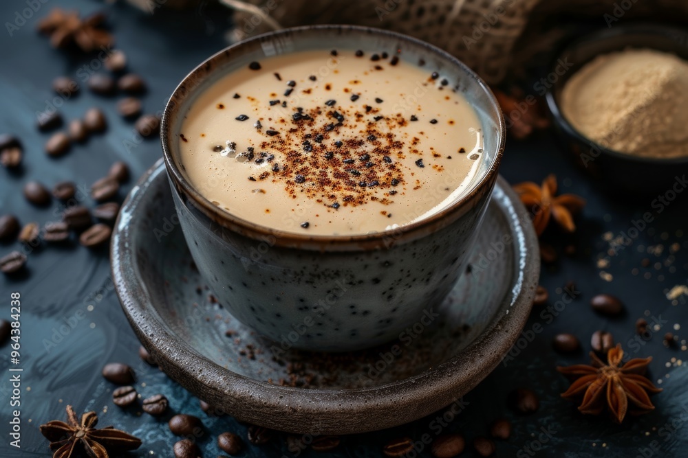 Spiced chai latte with coffee beans and anise Spiced chai latte with coffee beans and anise